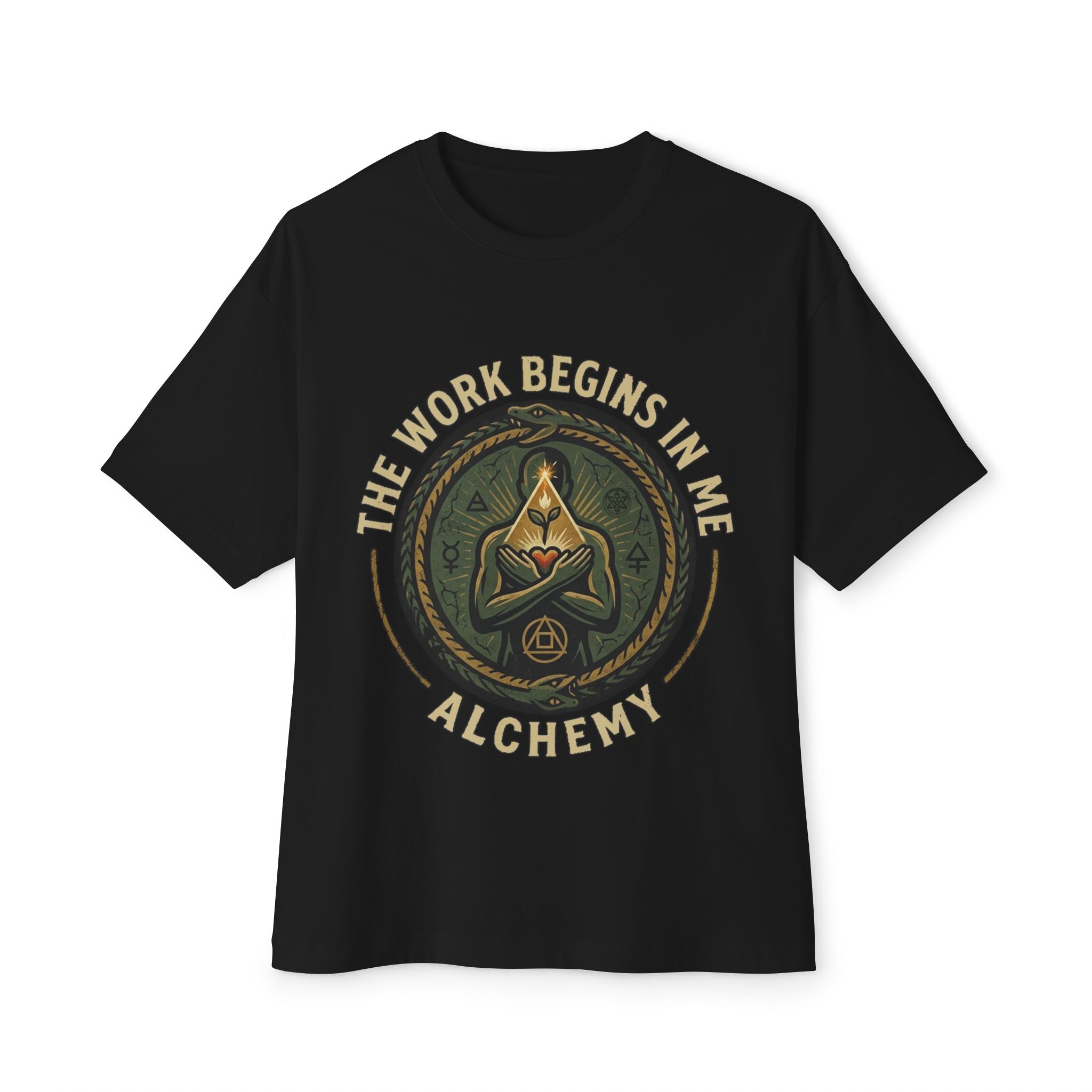 Alchemy emblem The Work Begins In Me tee | Alchemical symbol shirt